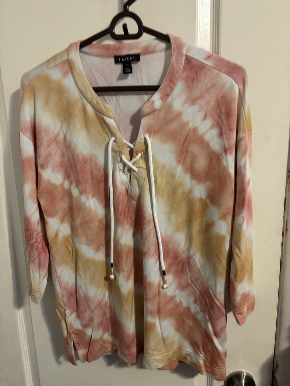 Tribal Tie-Dye Lace-Up V-Neck Sweater - Pink & Tan & White